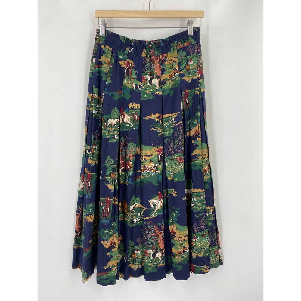 Vintage Skirt Women Medium Blue Equestrian Horse Hunt Scene
